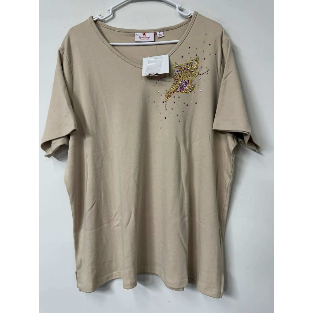 Quacker Factory Jeanne Bice Women's XL Tan Seashell Rhinestone V-Neck T-Shirt